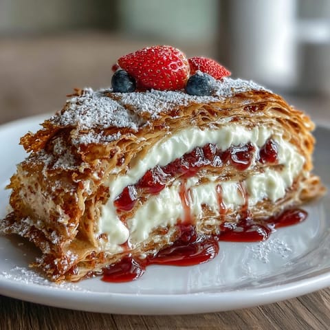 Beautiful crepe roll cake with delicate layers of paper-thin crepes and fluffy whipped cream, decorated with fresh berries and mint for an elegant dessert presentation.