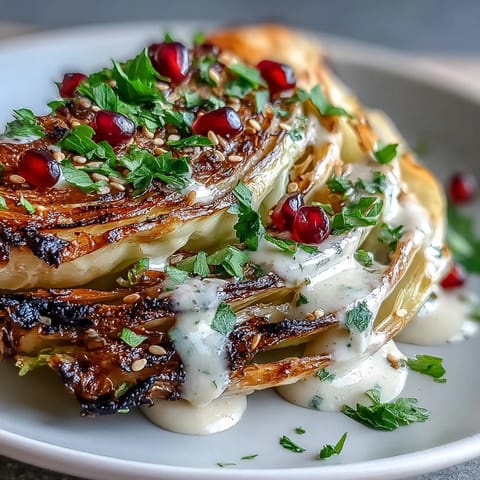 Smoky grilled cabbage wedges drizzled with creamy tahini sauce, fresh parsley, and pomegranate seeds—a vibrant vegan side dish.  