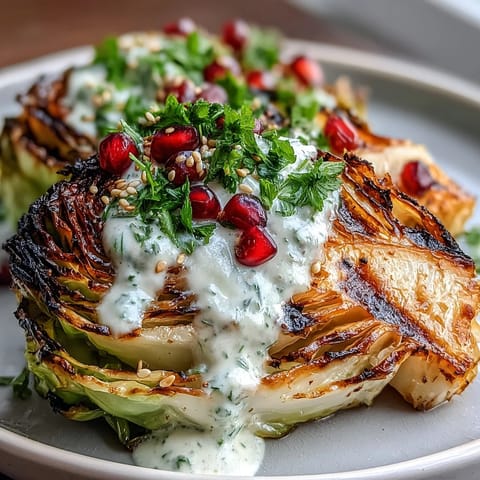 Charred cabbage wedges served with silky tahini sauce, sprinkled with parsley and juicy pomegranate seeds for a Middle Eastern-inspired treat.  
