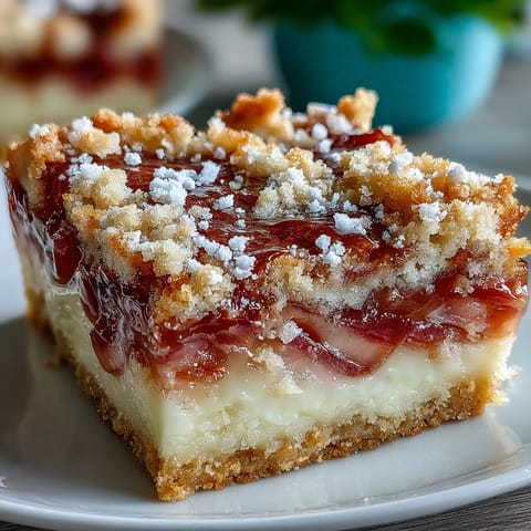 Golden Rhubarb Custard Bars with buttery shortbread, ready for slicing.