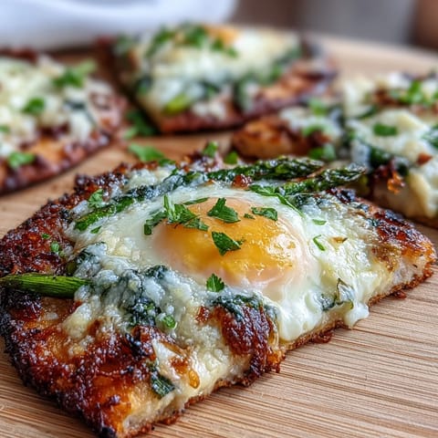 Golden-baked flatbread with tender asparagus and a runny egg yolk, sprinkled with parmesan and fresh chives for a savory brunch.