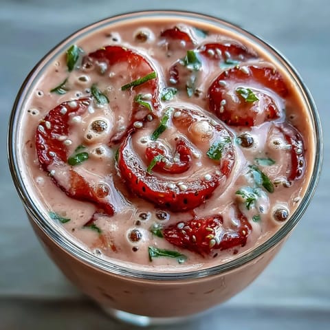 Creamy, healthy Strawberry Spinach Smoothie ready to enjoy with fresh berries.