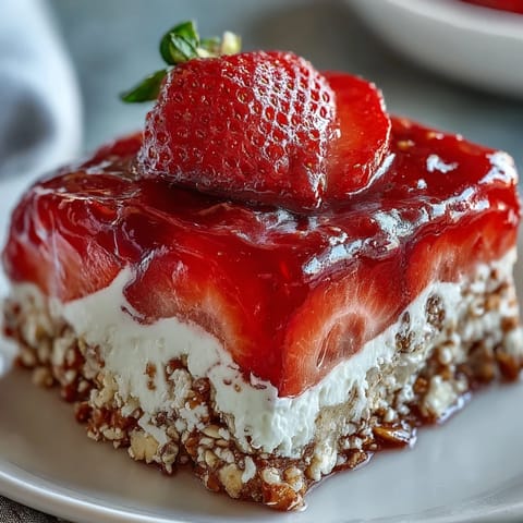 Bright strawberry pretzel salad dessert with creamy layers and juicy fruit topping.
