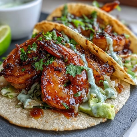 Juicy honey garlic shrimp tacos with crisp cabbage slaw and creamy lime crema in warm tortillas.  
