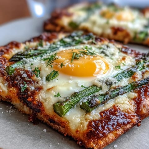 A crispy flatbread topped with fresh asparagus spears and a perfectly baked egg, finished with parmesan and lemon zest.