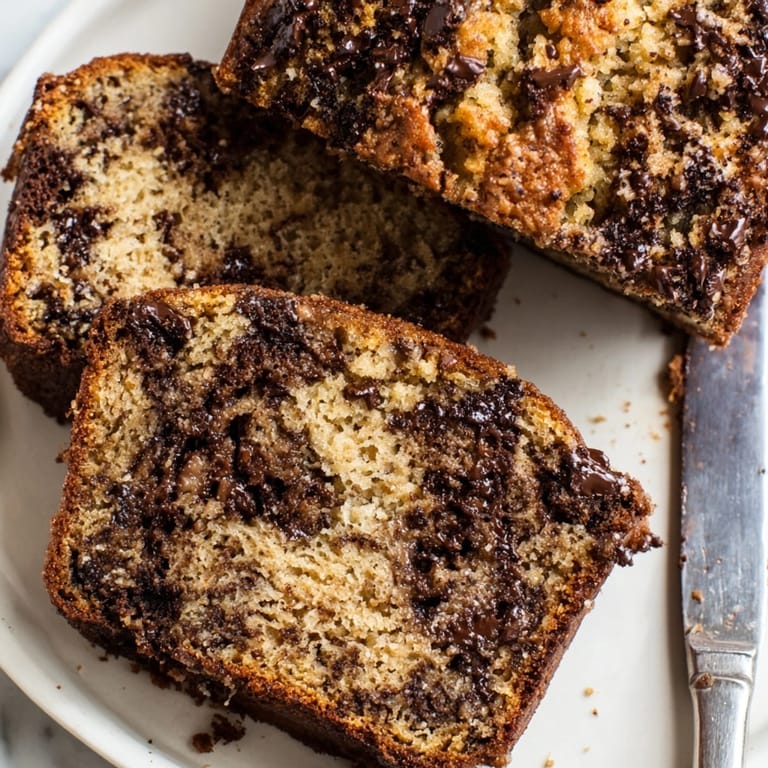 Warm slice of homemade Chocolate Chunk Banana Bread, streaked with caramel and nuts.