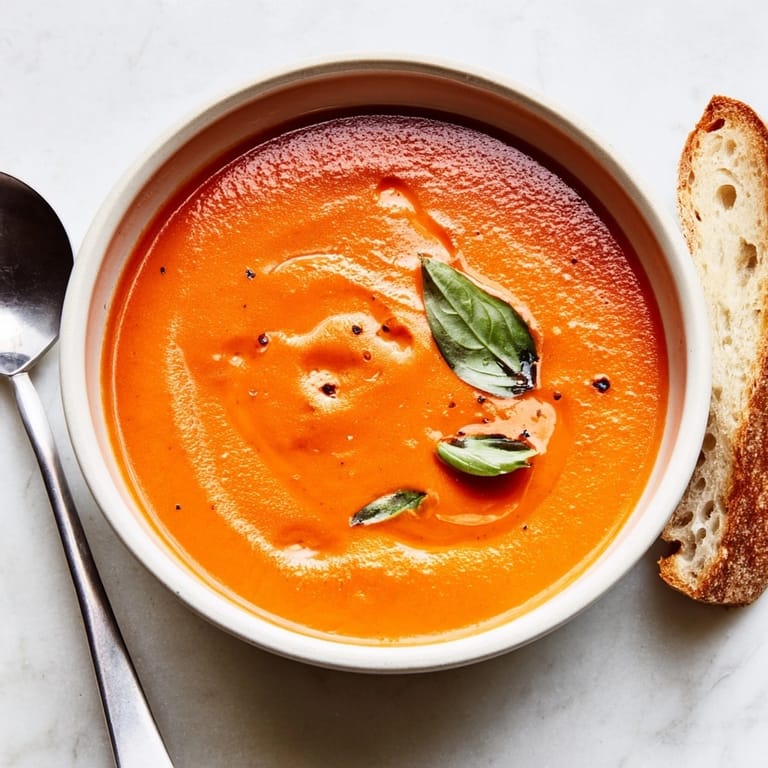 Homemade Classic Tomato Basil Soup, velvety smooth, perfect for a chilly evening meal.