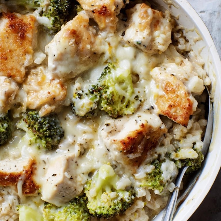 Close-up shows a warm, flavorful slice of Cheesy Chicken Broccoli Bake fresh from the oven.