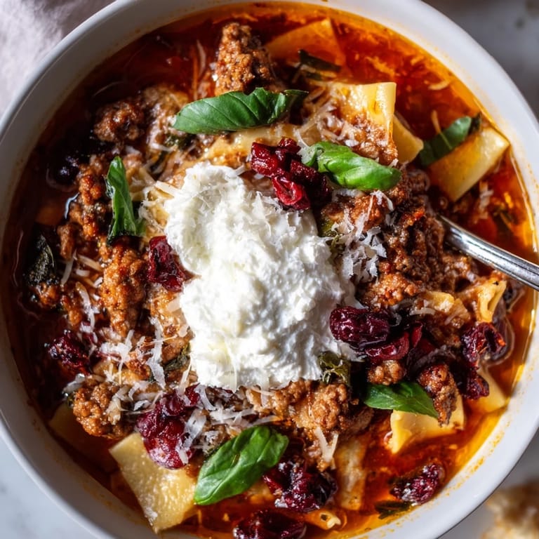 Comforting lasagne soup featuring savory sausage and sweet-tart roasted cranberries on top.  