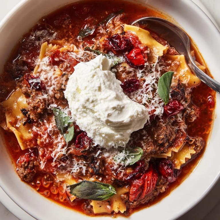 Hearty lasagne soup served with fresh basil and a burst of roasted cranberry flavor.