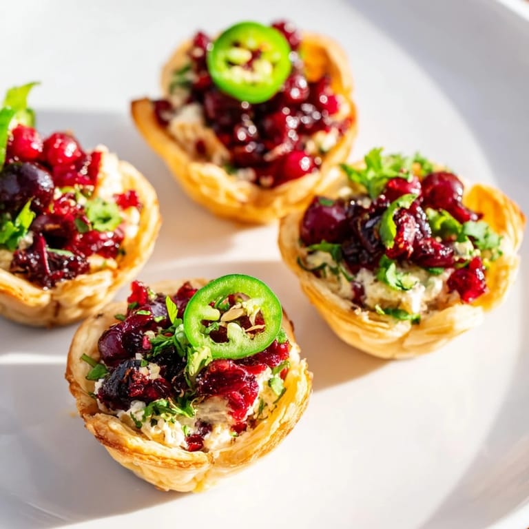 Colorful Cranberry Jalapeño Dip Tarts serve as a delightful bite-sized treat for parties.