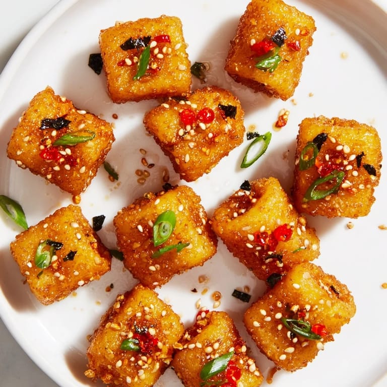 Savory baked pasta bites featuring a rich miso-chili flavor, topped with green onions.