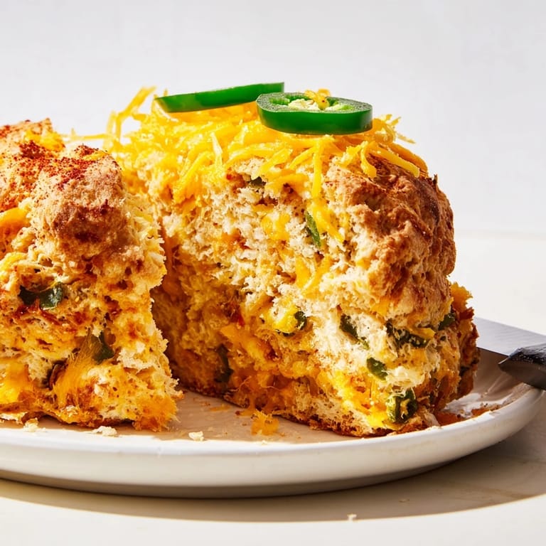 Freshly baked Cheesy Jalapeño Chaos Cake Scones topped with spicy jalapeño rings.