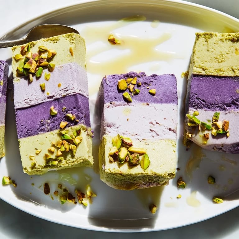Delightfully layered ube and pistachio ice cream bars, perfect for hot days.  