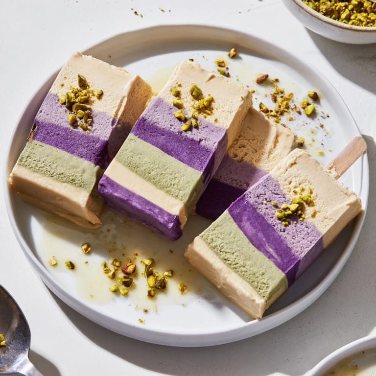 Refreshing ube & pistachio ice cream bars, drizzled with condensed milk and nuts.