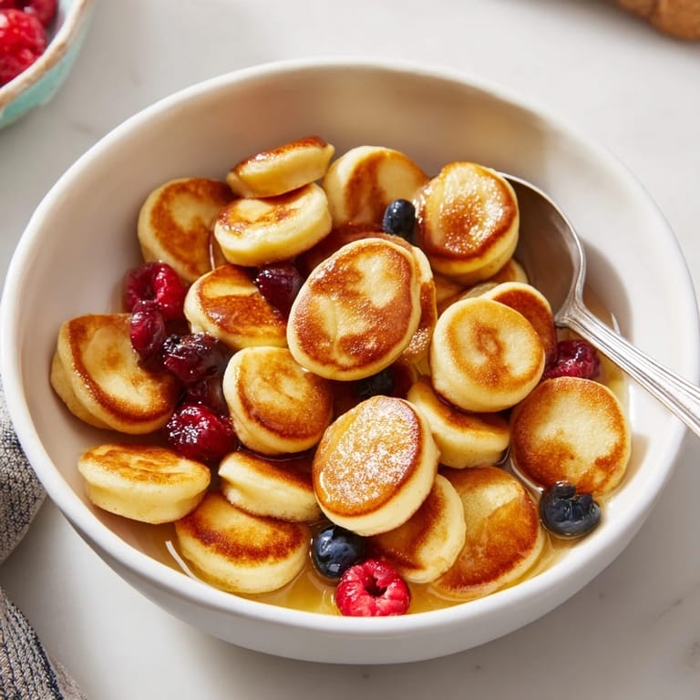 Fluffy mini pancake cereal with syrup drizzled, perfect for a morning treat.  