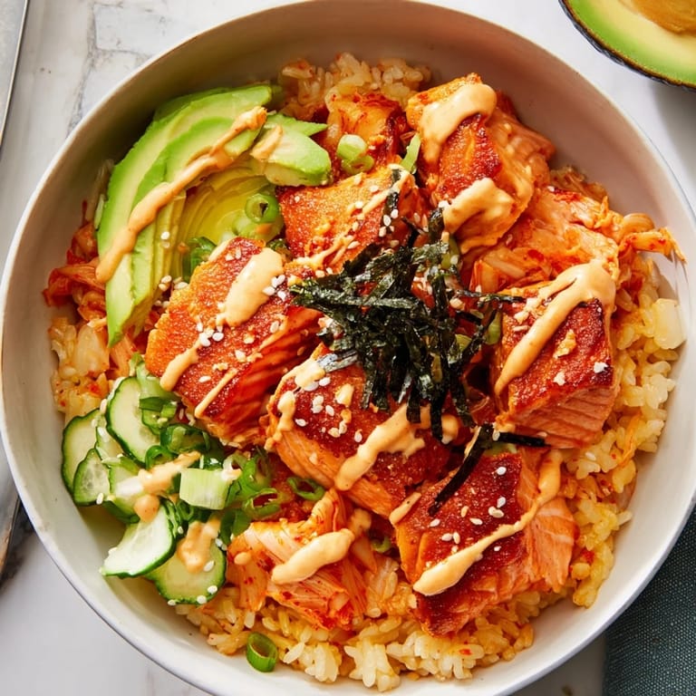 Vibrant Crispy Salmon Rice Bowl drizzled with creamy Sriracha mayo and garnished.