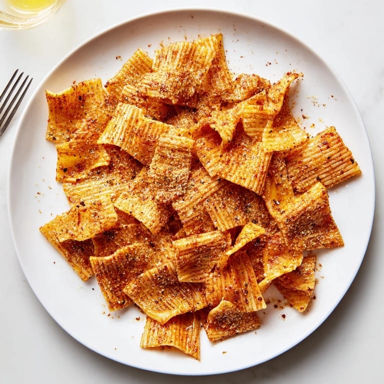Golden-brown baked pasta chips tossed with spices, ideal for crunchy snacking delight.  