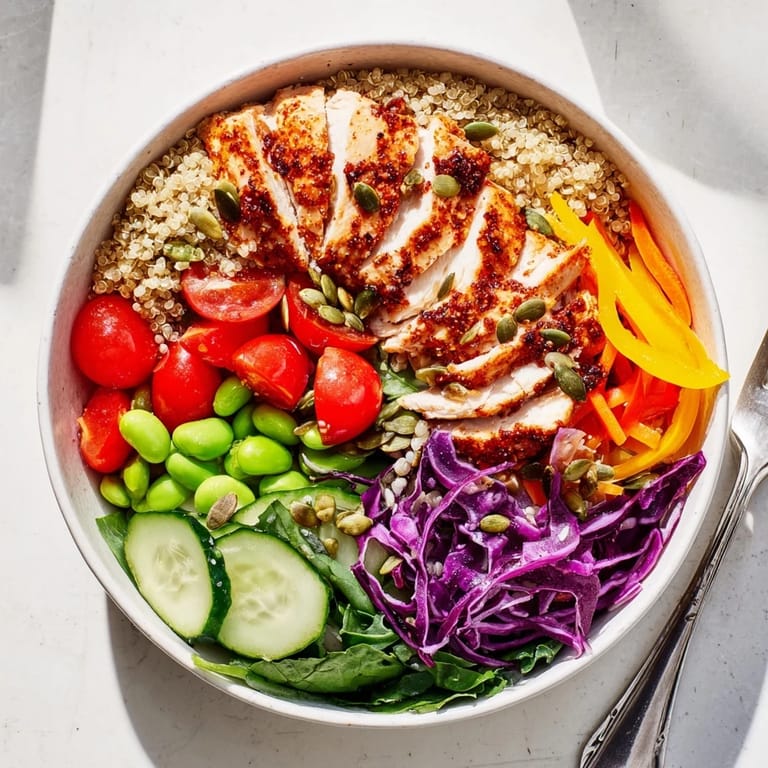 Delicious Healthy Meal-Prep Bowls layered with proteins, colorful veggies, and garnished with pumpkin seeds.
