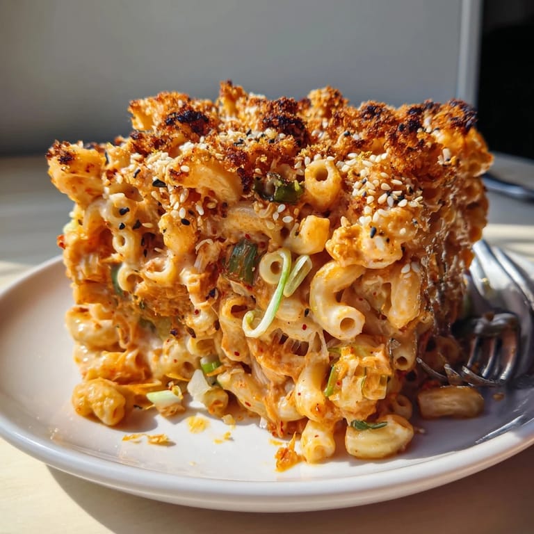 Baked Spicy Kimchi Mac & Cheese combines rich cheeses with flavorful, tangy kimchi.  