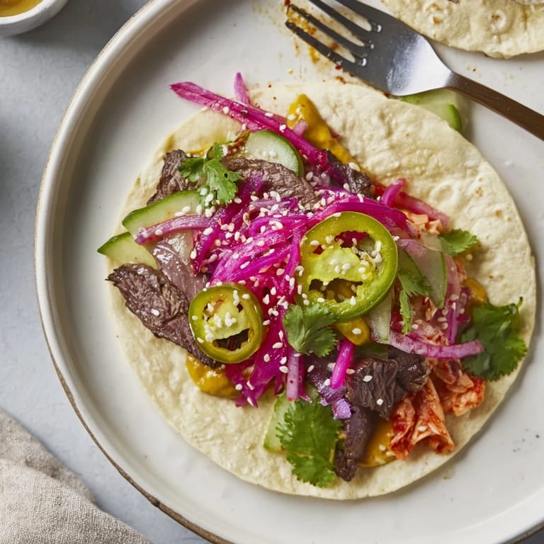 Mouthwatering Global Street-Food Fusion Tacos showcasing a blend of international flavors and textures.