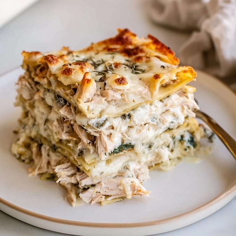 Layers of tender chicken and creamy béchamel define this rosemary chicken lasagna masterpiece.  