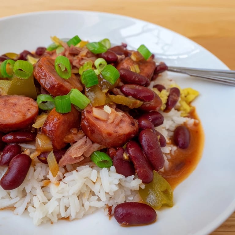 Savory red beans and rice simmered with spices, served over fluffy white rice.