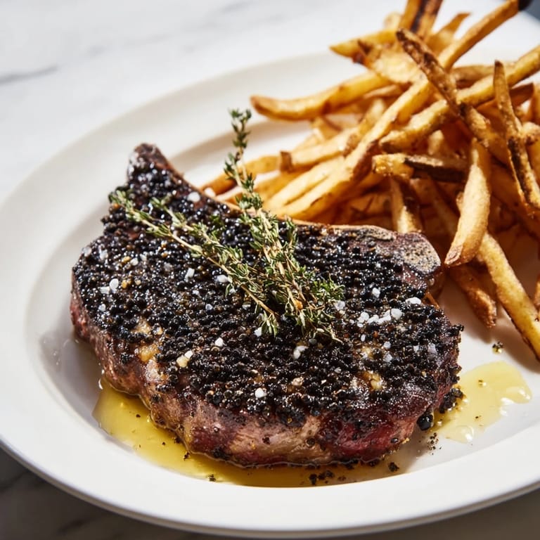 Perfectly seared Classic Peppercorn Ribeye steak is contrasted with the crunch of golden, seasoned french fries.