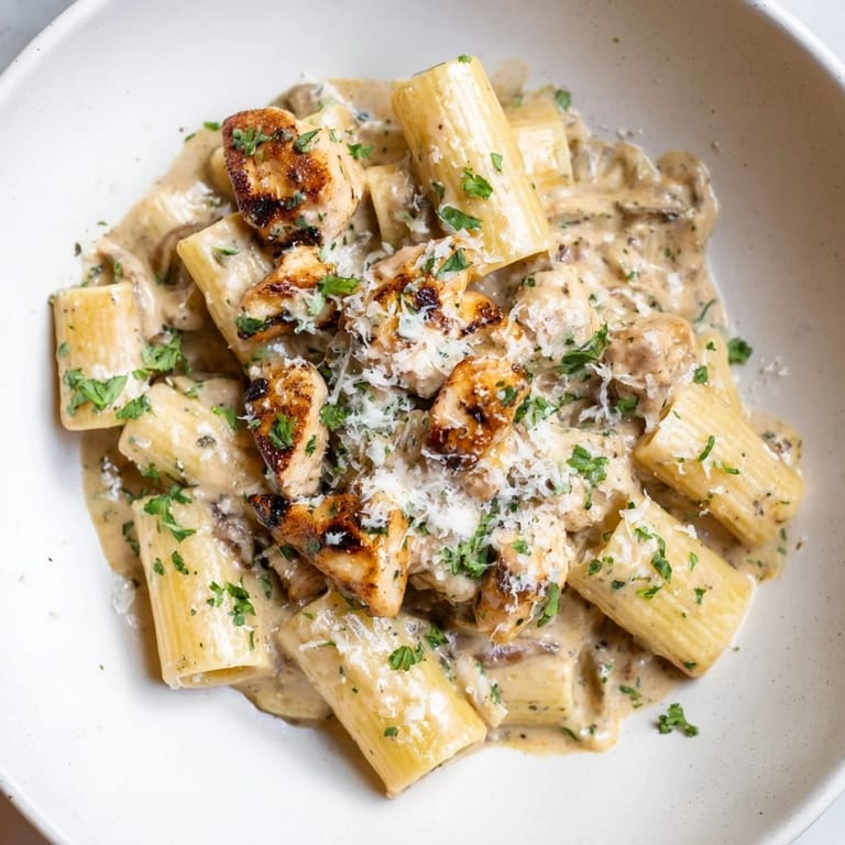 Tender rigatoni pasta coated in rich, flavorful garlic Parmesan sauce alongside the cooked chicken.