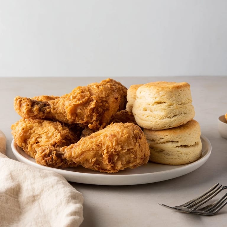 Homemade buttermilk biscuits alongside perfectly cooked Southern fried chicken for a delicious, Southern family dinner.