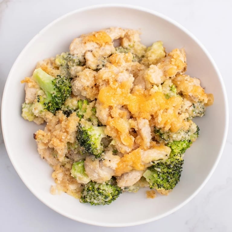 Creamy Cheddar Broccoli Chicken Bake topped with buttery breadcrumbs, perfect for a family dinner tonight.
