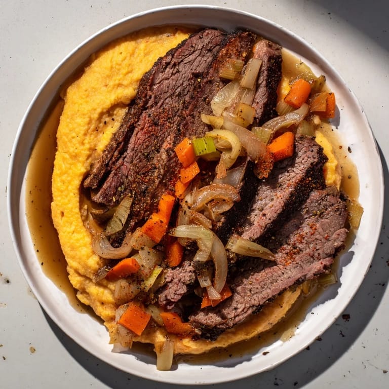 Hearty slices of classic brisket and fluffy, buttery mashed sweet potatoes; a comforting feast.
