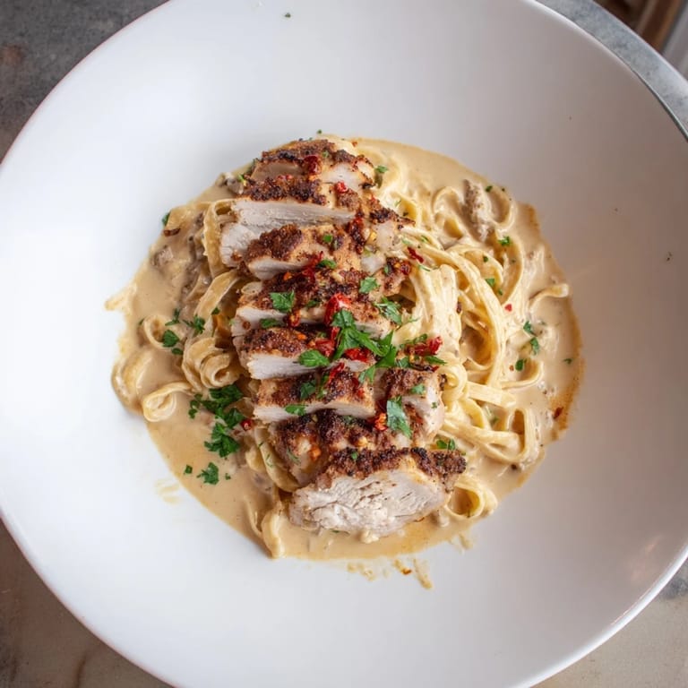 Tender Cajun-spiced chicken and rich Alfredo sauce coat fettuccine in this Spicy Cajun Chicken Alfredo.