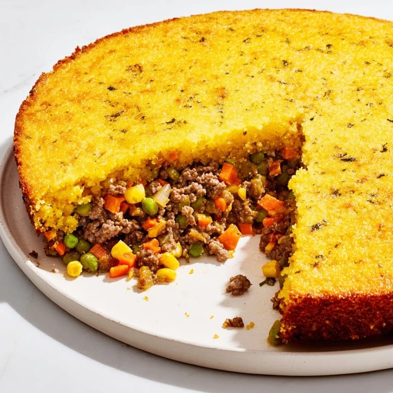 Savory beef and vegetables nestled beneath a sweet cornbread crust, showcasing the delicious Cornbread Crusted Beef Pie.