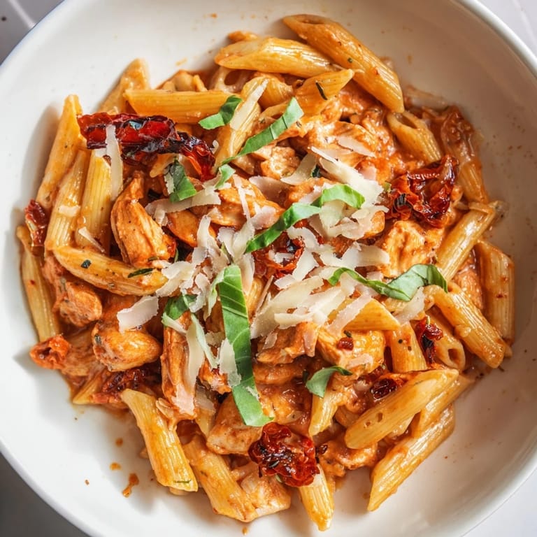 A close-up of Creamy Tomato Basil Chicken Pasta, showing tender chicken and fresh basil scattered on top.