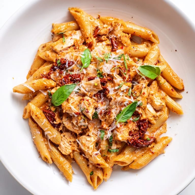 Golden chicken pieces mix with penne in a vibrant Creamy Tomato Basil Chicken Pasta dish, so creamy!