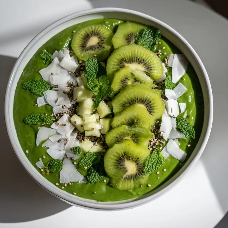 Freshly blended green smoothie bowl with kale & avocado, garnished with kiwi slices and hemp seeds.