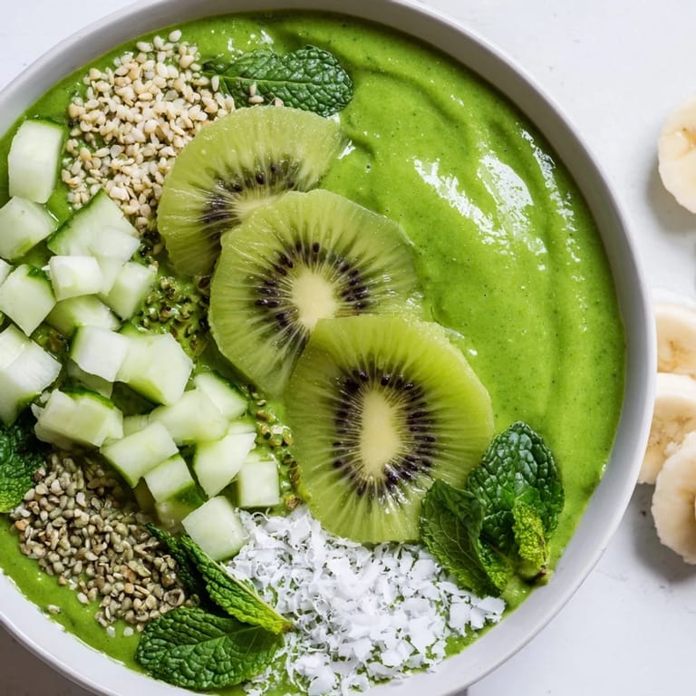 This vibrant kale smoothie bowl, bursting with fresh ingredients, showcases a healthy breakfast option.