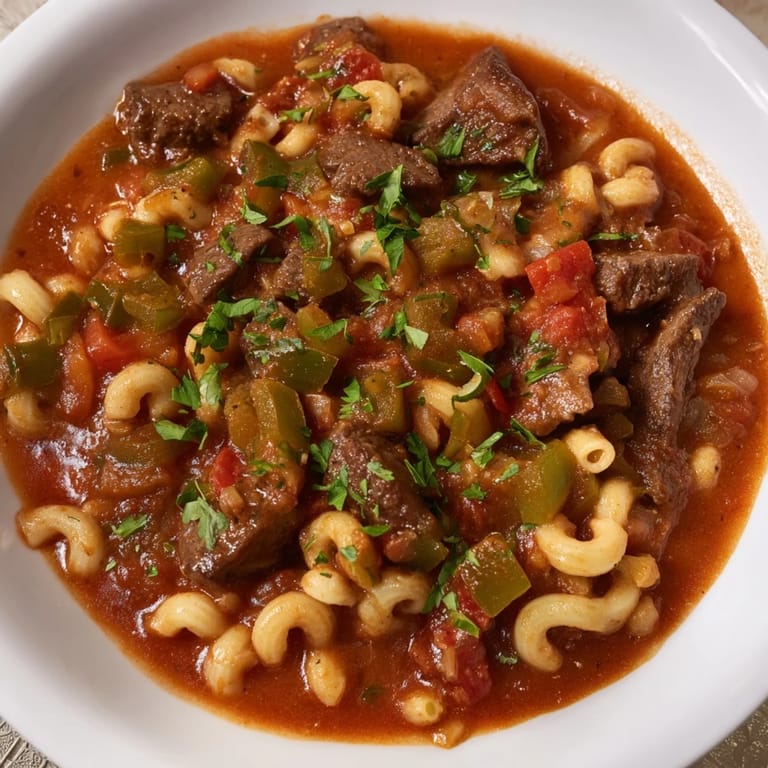 Hearty goulash with beef or turkey and pasta, simmered with rich tomato flavor, ready to serve.