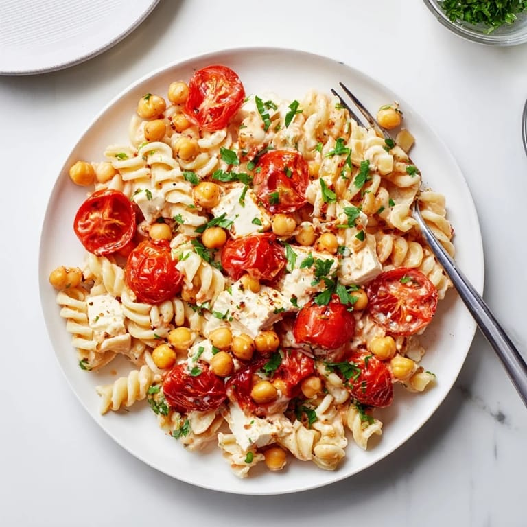 Mediterranean style baked feta chickpea recipe, showcasing roasted tomatoes and crumbled cheese atop pasta.