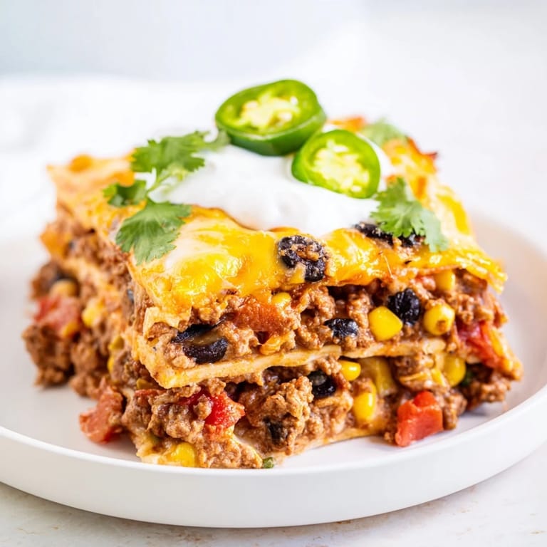 Golden-brown Taco Lasagna, a Tex-Mex fusion masterpiece, offering a taste of comfort food.
