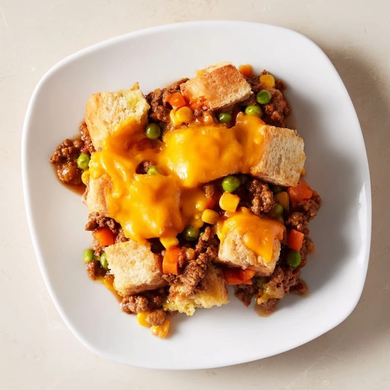 Golden melted cheddar blankets the savory ground beef in this simple Sloppy Joe Casserole.