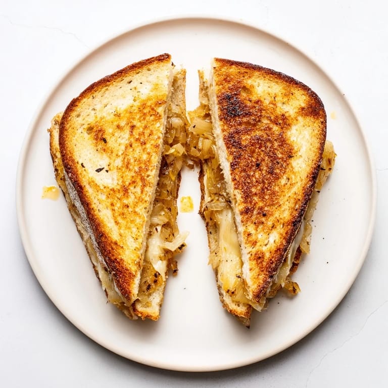 Savory and aromatic, a close-up of a perfectly grilled French Onion Grilled Cheese sandwich.