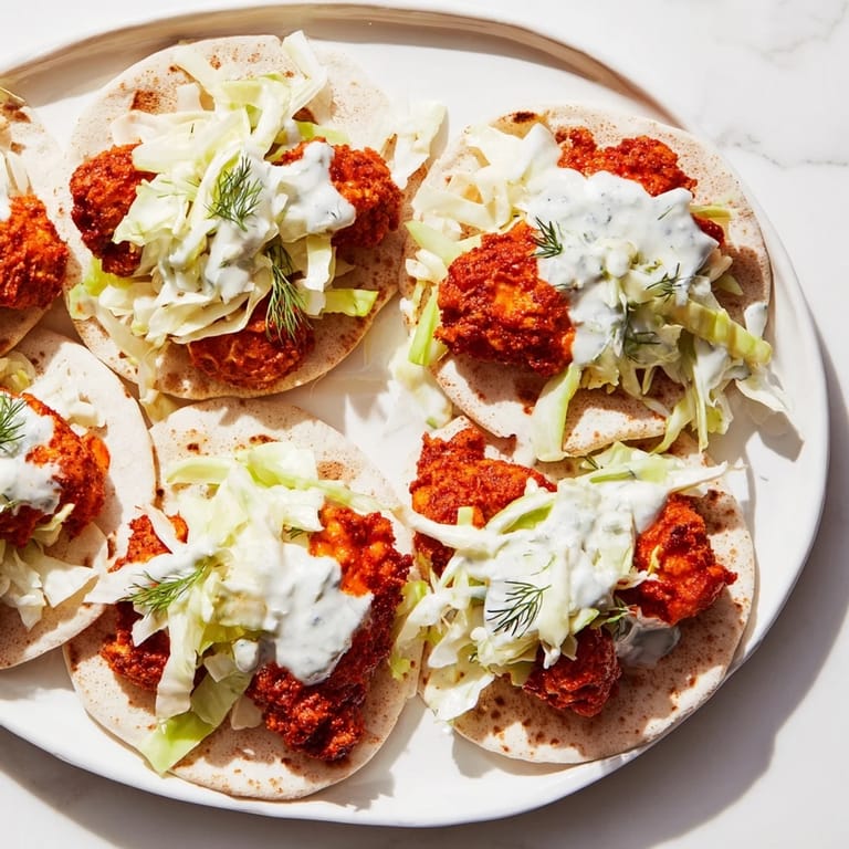 Golden, smashed Buffalo Chicken Smash Burger Tacos, ready to be devoured with fresh, colorful ranch slaw.