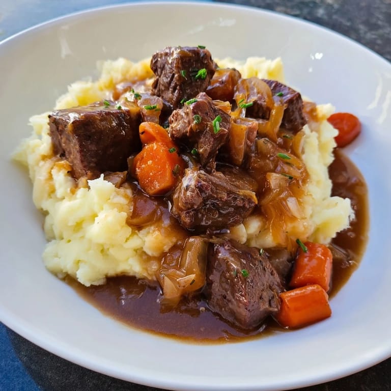 A close-up view shows a hearty Fall Apple Cider Stew Mash, ready for a comforting meal.