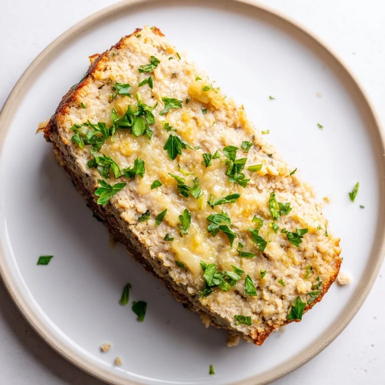 A close-up of a perfectly baked Garlic Parmesan Chicken Meatloaf, smelling deliciously savory with garlic.