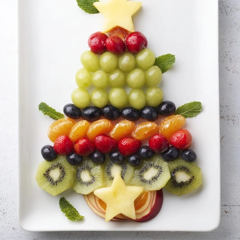 A colorful, easy-to-assemble Quick Christmas Tree Fruit Platter, complete with orange and berry "ornaments."