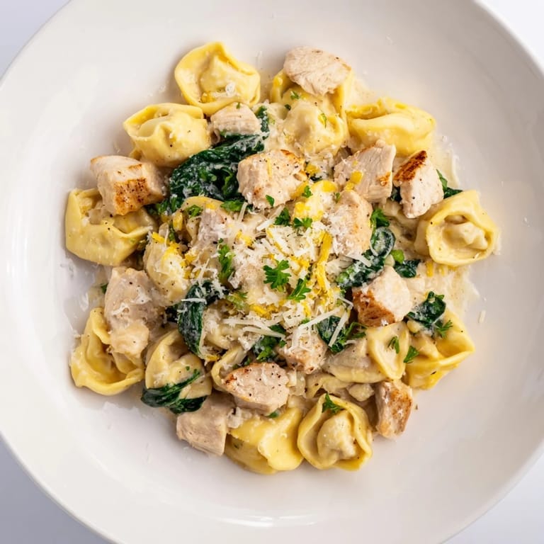 Golden-brown chicken peeks out of Creamy Chicken and Spinach Tortellini, ready for a comforting bite.
