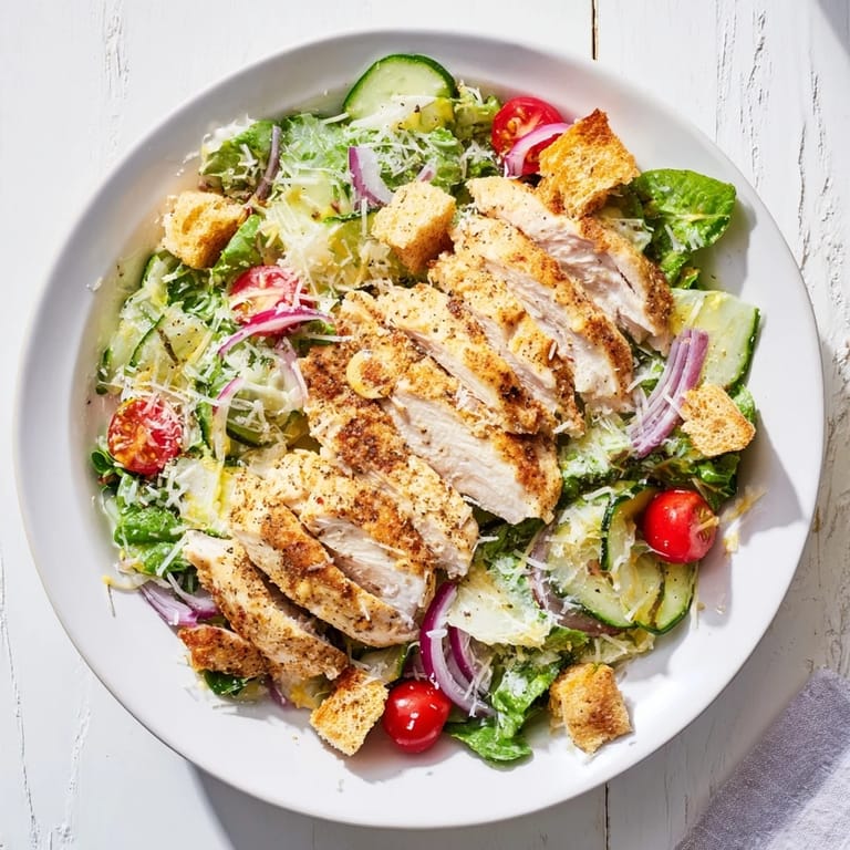 A vibrant Quick Crunchy Lemon Parmesan Chicken Salad, showcasing tender chicken, Parmesan, and a bright lemon vinaigrette, perfect for a light meal.