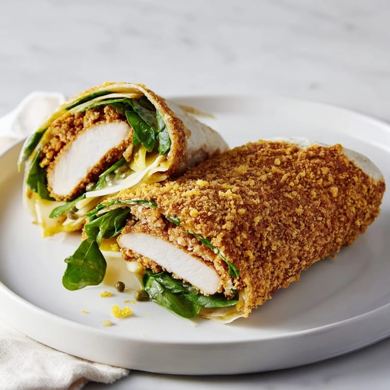 A close-up of a crispy Chicken Piccata Crunch Wrap featuring fresh spinach peeking out.